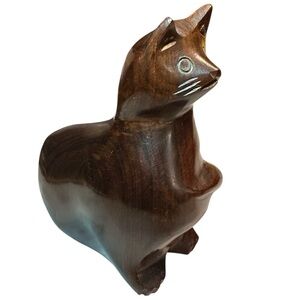 Vintage Hand Carved Ironwood Sitting Cat Figurine Sculpture Paperweight Darkwood